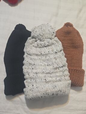 Hand crochet Beanies - Black, Speckled Cream Pom, Rust